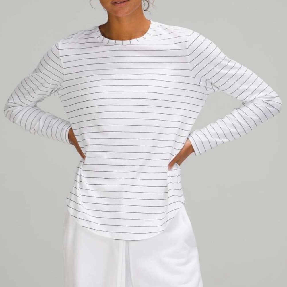 LULULEMON White Black Short Serve Stripe Love Crew Long Sleeve T Shirt Tee Sz 8